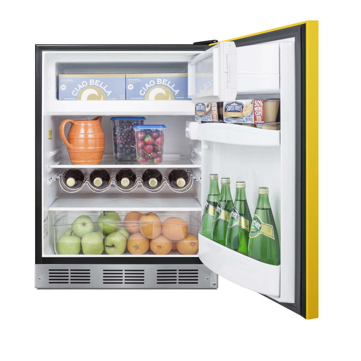 24 in. wide refrigerator-freezer for residential use with a saffron gold door, stainless steel handle, and black cabinet